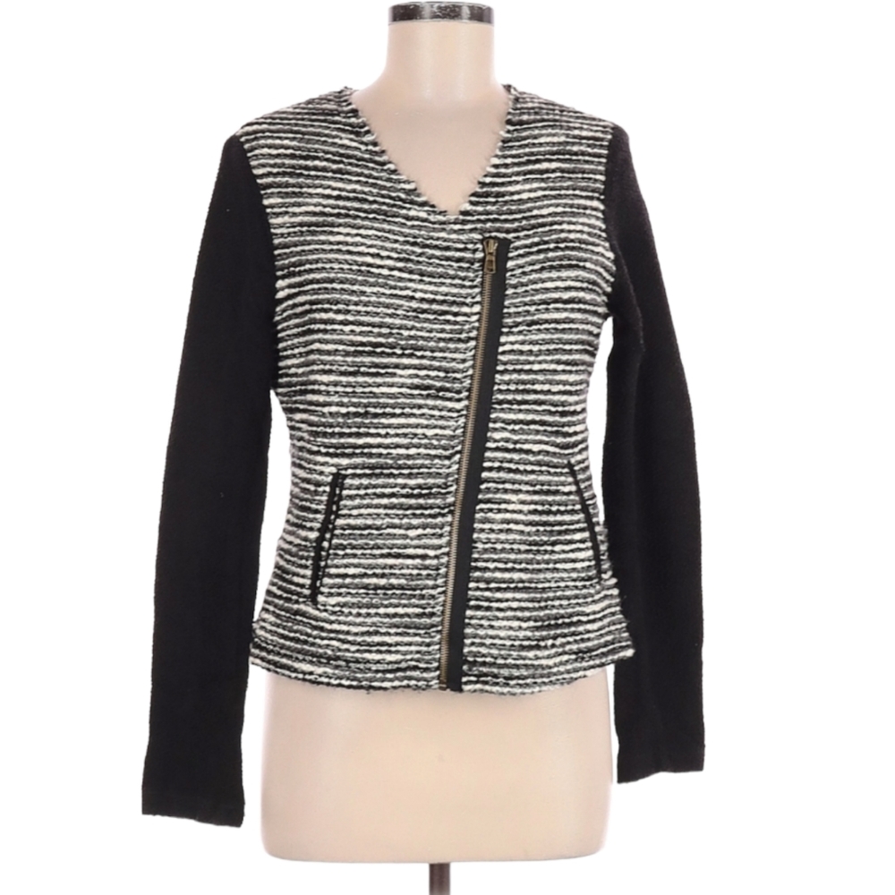 Anthro Drew Jacket Blazer Size M Black White Abstract Stripes‎ Zip Front Pockets